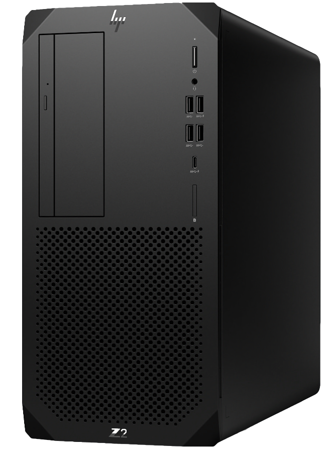 Tower workstation in black showing front and right side