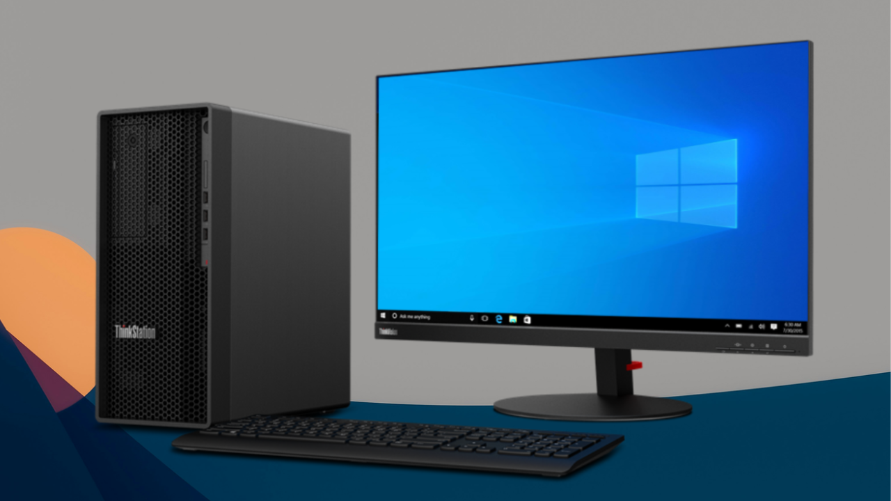 Lenovo Thinkstation tower workstation and monitor on blue background