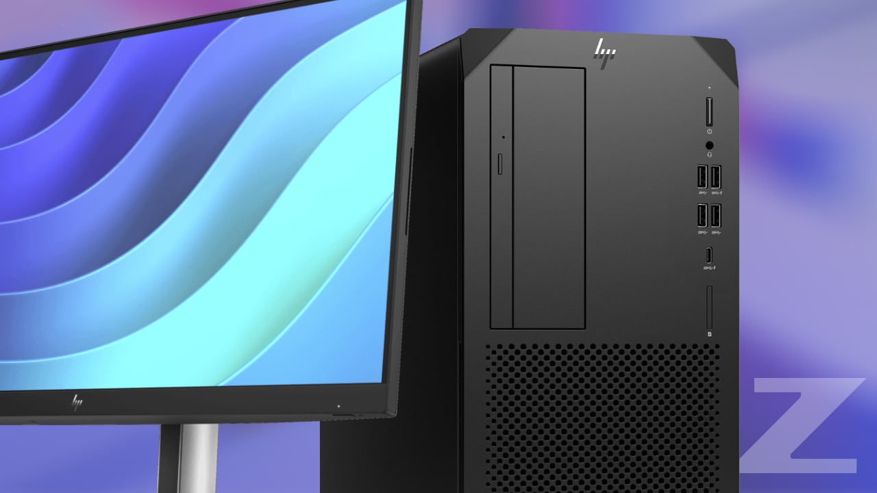 HP Z2 G9 tower workstation and monitor on purple background